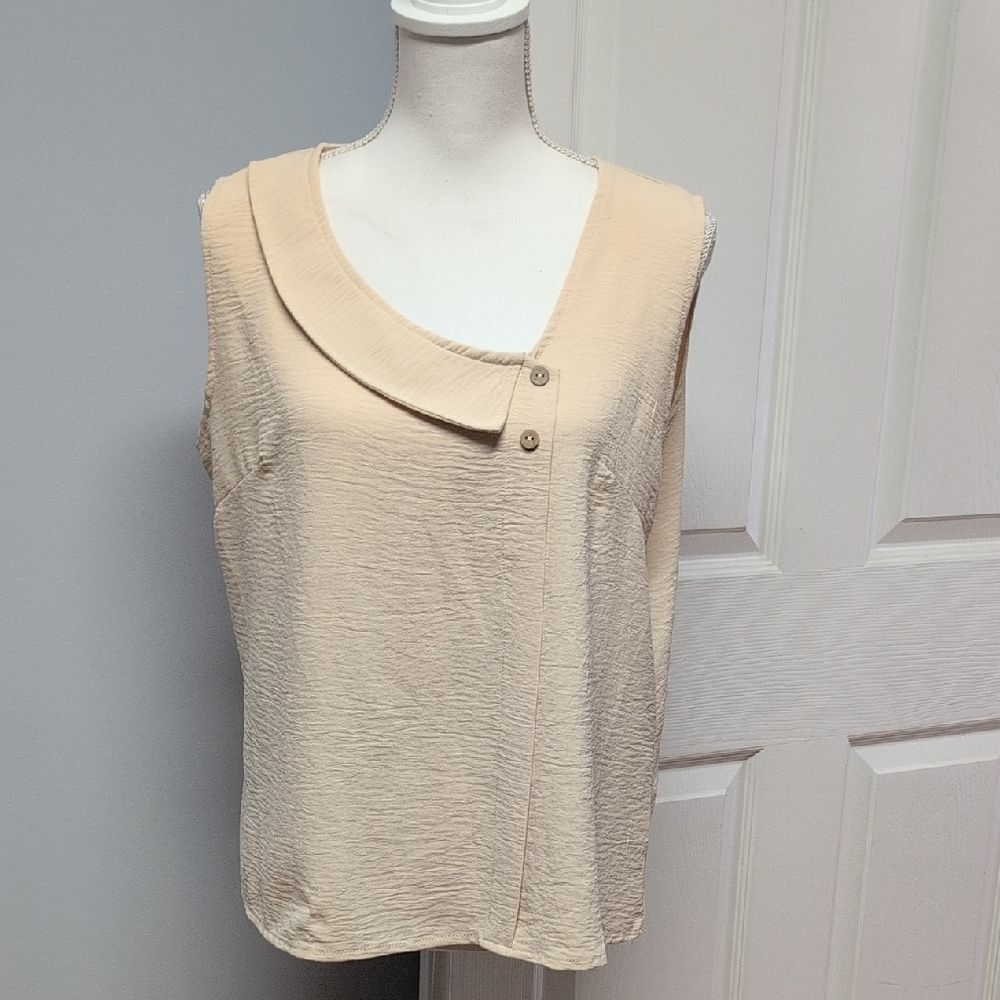 Crinkle Linen-Look Abstract Collar Design Sleeveless Top Tan Size L